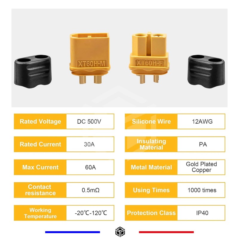 Wolfwhoop Lot de 8 connecteurs XT60 mâles femelles avec gaine et fil en silicone 150 mm 12 AWG pour batterie Lipo RC FPV Drone