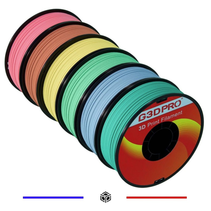 PACK PLA PASTEL 1 KG 1.75mm Bleu bébé - Cyan - Jaune Poussin - Rose Dragé - Orange Pêche - Vert Menthe PACK PLA PASTEL 1 KG 1.75mm Bleu bébé - Cyan - Jaune Poussin - Rose Dragé - Orange Pêche - Vert Menthe