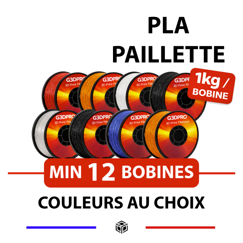 Lot de 12 bobines de filament pour imprimante 3D ou fil 3D - PLA Paillette - 1,75mm - 1KG
