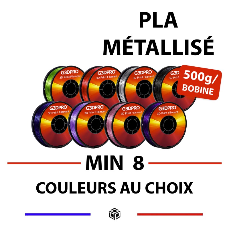 Lot de 8 bobines de filament 3D PLA Métallisé - format 500 grammes - 1,75mm - couleurs variées et au choix