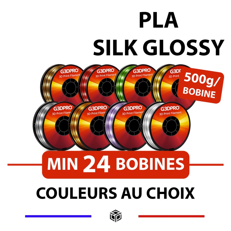 Lot de 24 bobines de fil pour imprimante 3D - PLA Silk Glossy - 1,75mm - 500g - couleurs au choix