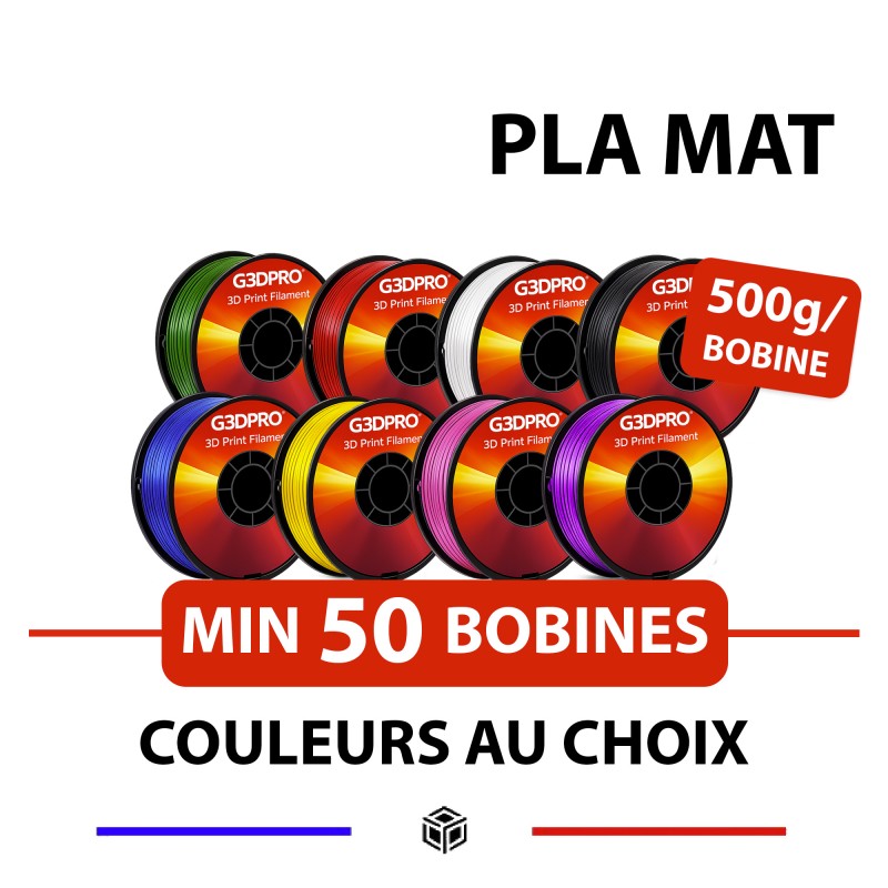 Pack de 50 bobines de PLA MAT 0,5kg, couleurs au choix, 1,75mm