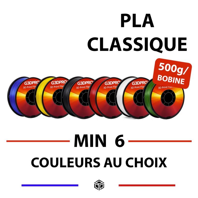 Lot de 6 bobines de 500g de filament PLA pour imprimantes 3D - 1,75mm - couleurs au choix Lot de 6 bobines de 500g de filament PLA pour imprimantes 3D - 1,75mm - couleurs au choix