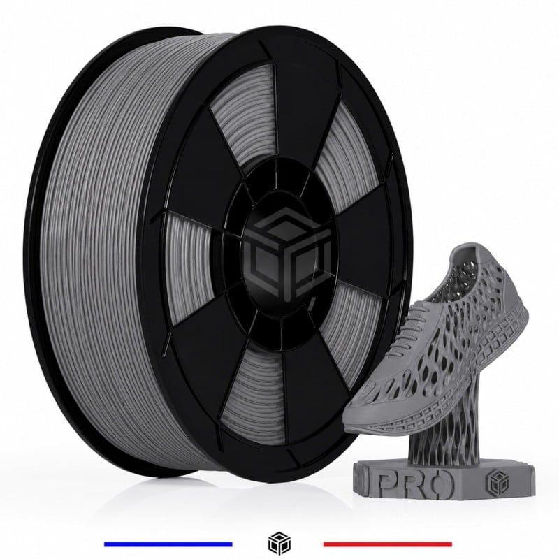 Détail du filament TPU gris souple et flexible en diamètre 1,75 mm