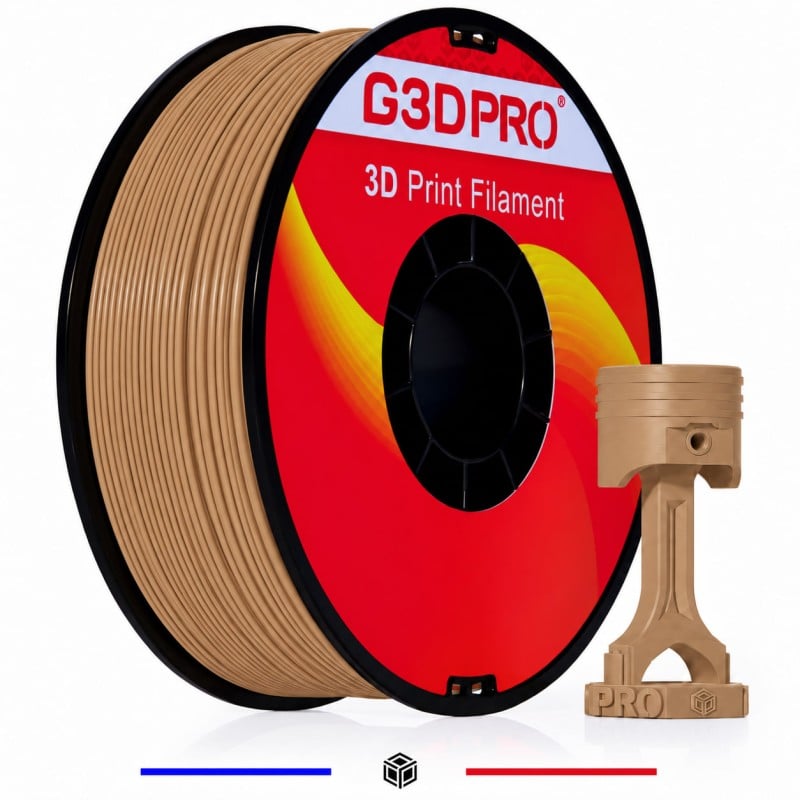 Filament PETG marron clair G3D PRO 1 kg 1,75 mm - bobine et exemple de pièce imprimée Filament PETG marron clair G3D PRO 1 kg 1,75 mm - bobine et exemple de pièce imprimée