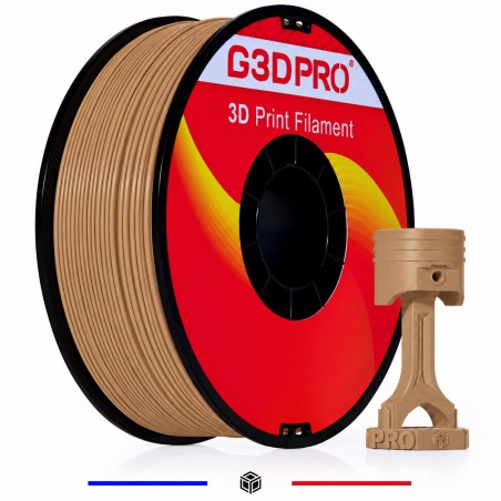 Filament PETG marron clair G3D PRO 1 kg 1,75 mm - bobine et exemple de pièce imprimée