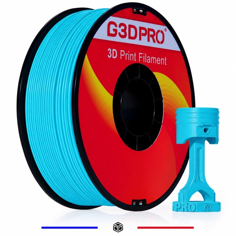 Filament PETG cyan G3D PRO 1 kg 1,75 mm - bobine et exemple de pièce imprimée Filament PETG cyan G3D PRO 1 kg 1,75 mm - bobine et exemple de pièce imprimée