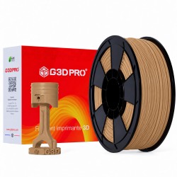 Filament PETG marron clair G3D PRO 1 kg 1,75 mm - bobine, boîte et pièce imprimée